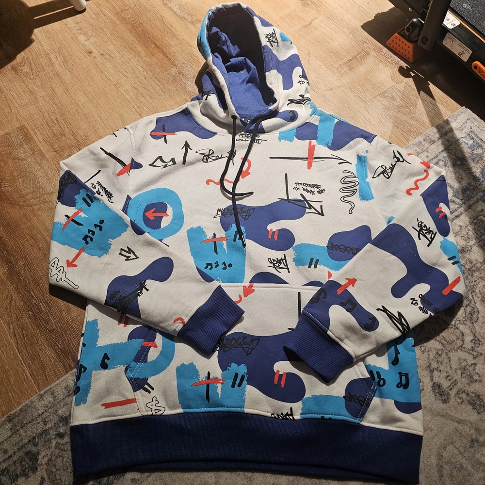 Men's Abstract Print Zip-Up Hoodie - Blue & White
